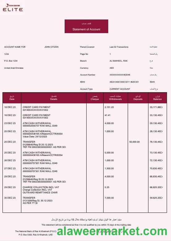 UAE Rakbank Elite bank statement Word and PDF template